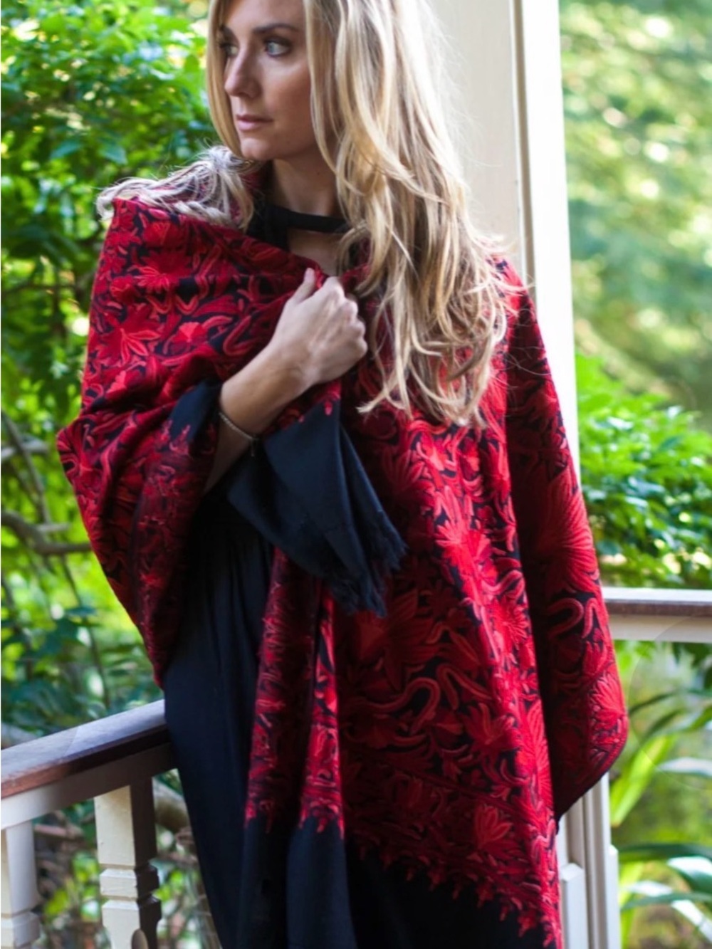 Red and Black Floral Jacquard Shawl